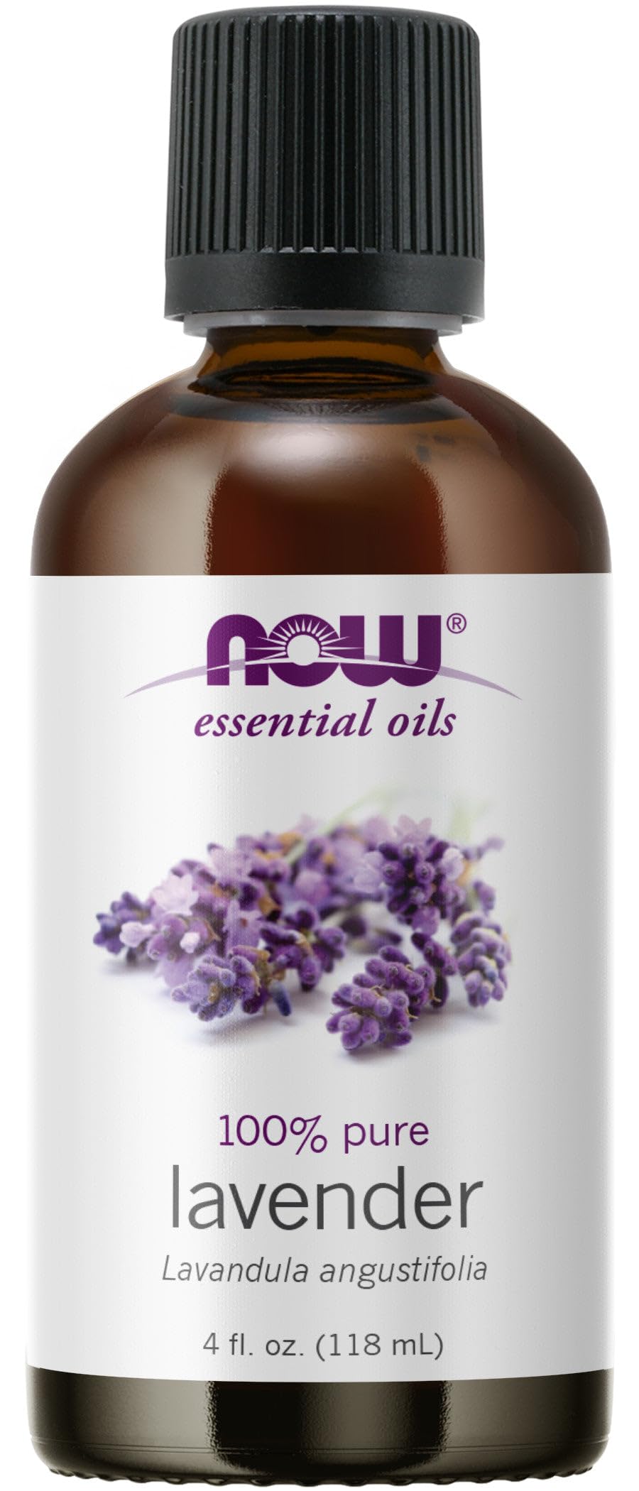 NOW Foods botella frontal de aceite de lavanda mostrando etiqueta clara y pureza