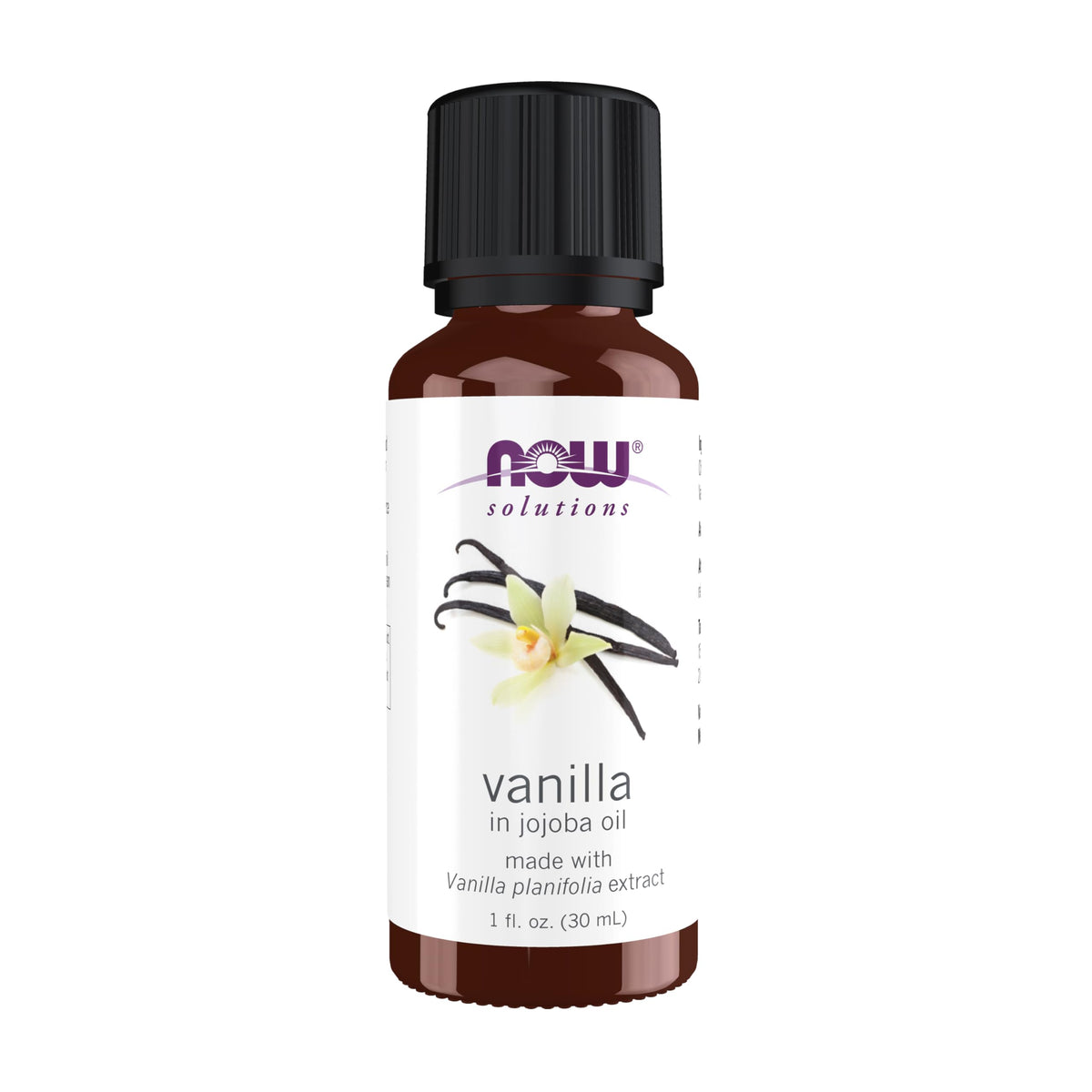 NOW Foods botella frontal mostrando aceite de vainilla y sello vegano