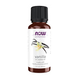 NOW Foods botella frontal mostrando aceite de vainilla y sello vegano