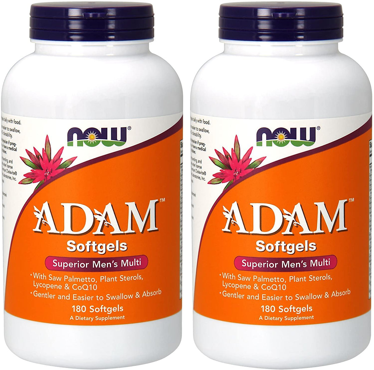 NOW Foods frasco frontal del multivitamínico ADAM, presentación doble y ventaja de dosis diaria