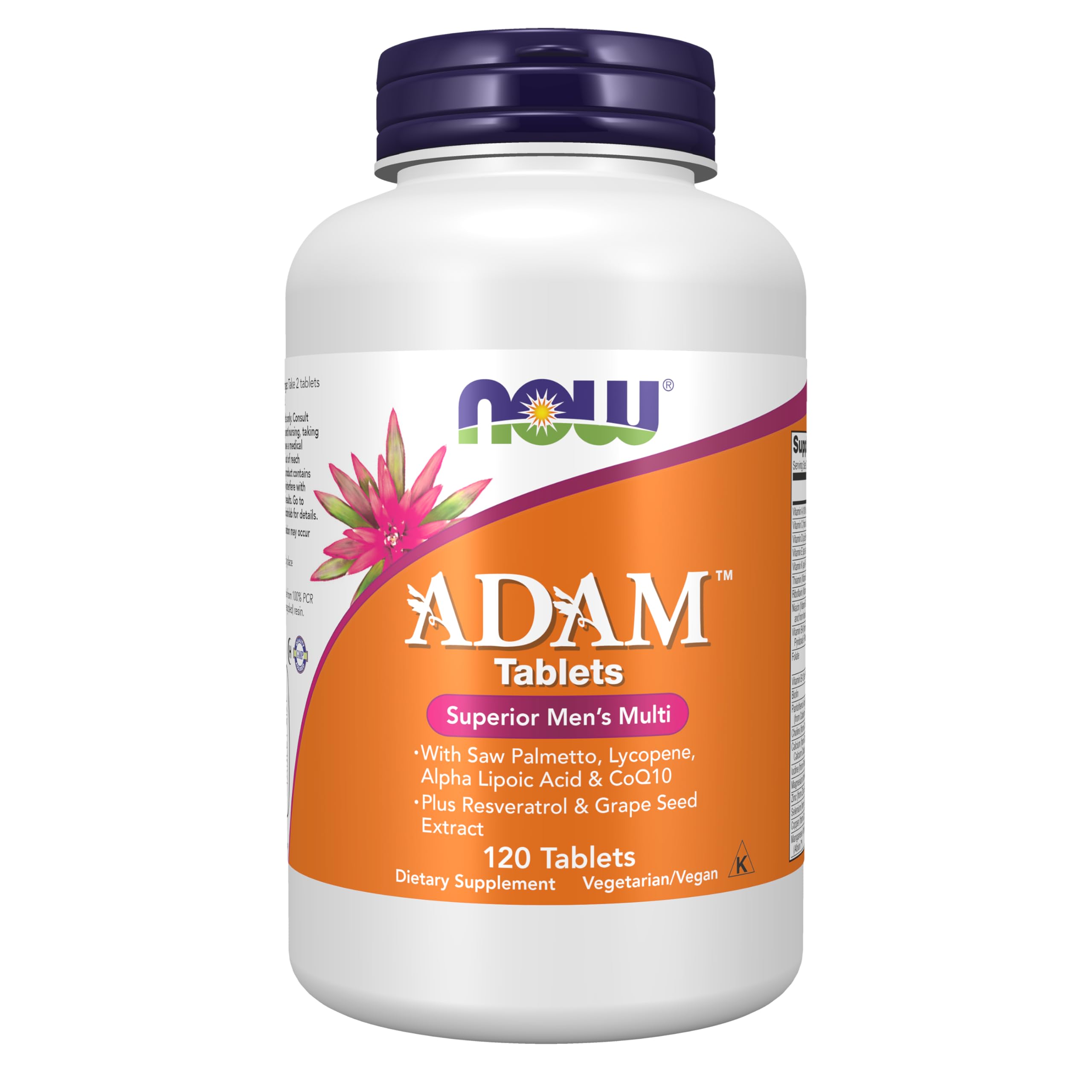 NOW Foods ADAM front packaging mostrando 120 tabletas y beneficios