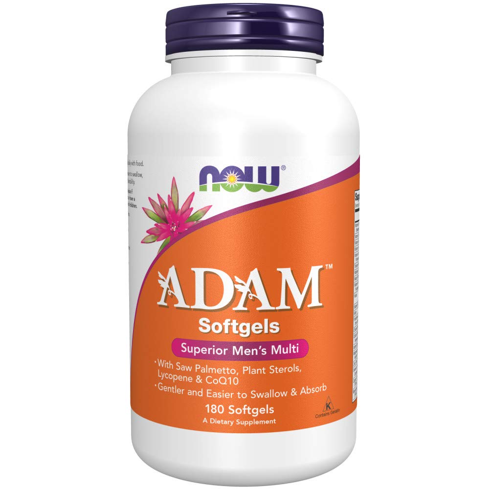 NOW Foods envase frontal mostrando Adam™ 180 softgels y beneficio de suministro prolongado