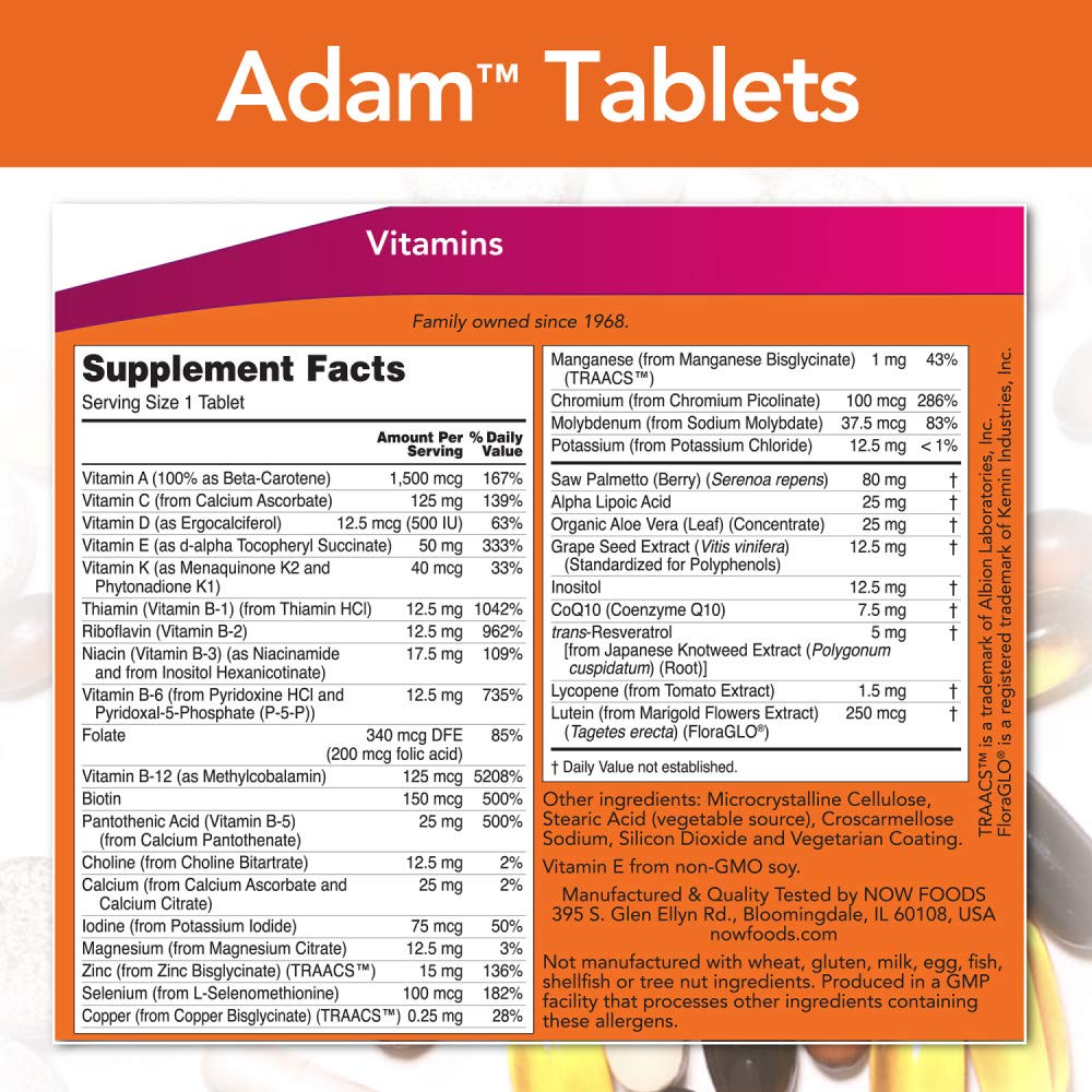 NOW Foods ADAM pila de tabletas, muestra tamaño y formato práctico