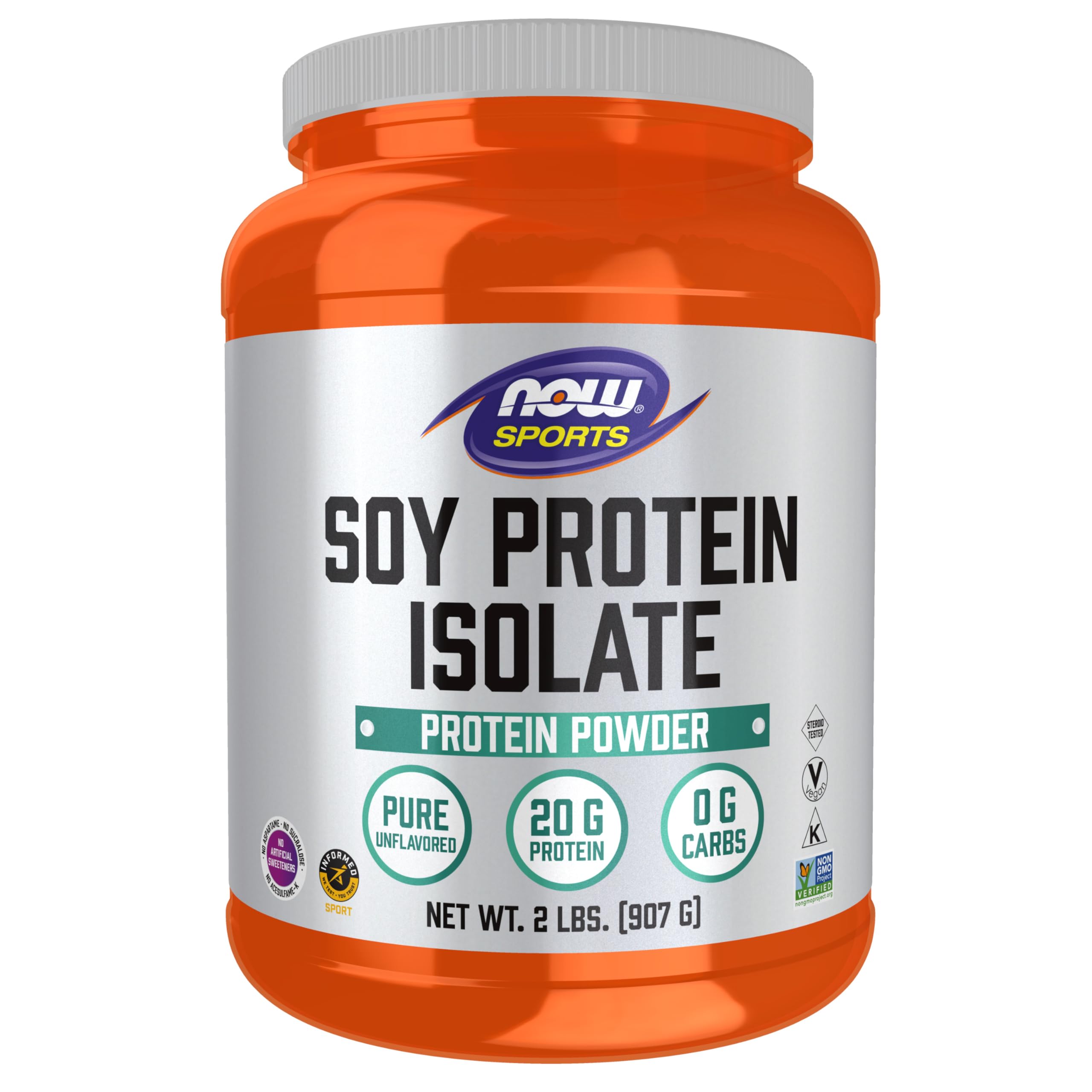 NOW Foods envase frontal del aislado de soja mostrando tamaño y marca