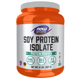 NOW Foods envase frontal del aislado de soja mostrando tamaño y marca