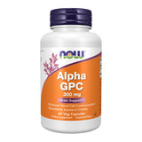 Now Foods frasco frontal del Alpha GPC 300 mg, etiqueta clara y beneficios