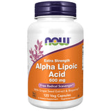 Now Foods frasco frontal del suplemento ALA 600 mg, envase doble y beneficio de alta potencia