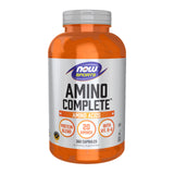 NOW Foods frasco frontal mostrando Amino Complete y cantidad de cápsulas