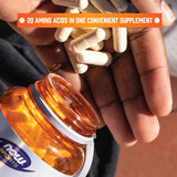 NOW Foods cápsulas junto a un batido, uso práctico post-entrenamiento