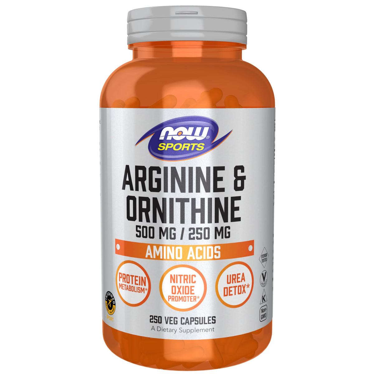 NOW Foods envase frontal mostrando arginina y ornitina, conveniencia y pureza