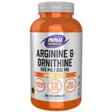 NOW Foods envase frontal mostrando arginina y ornitina, conveniencia y pureza