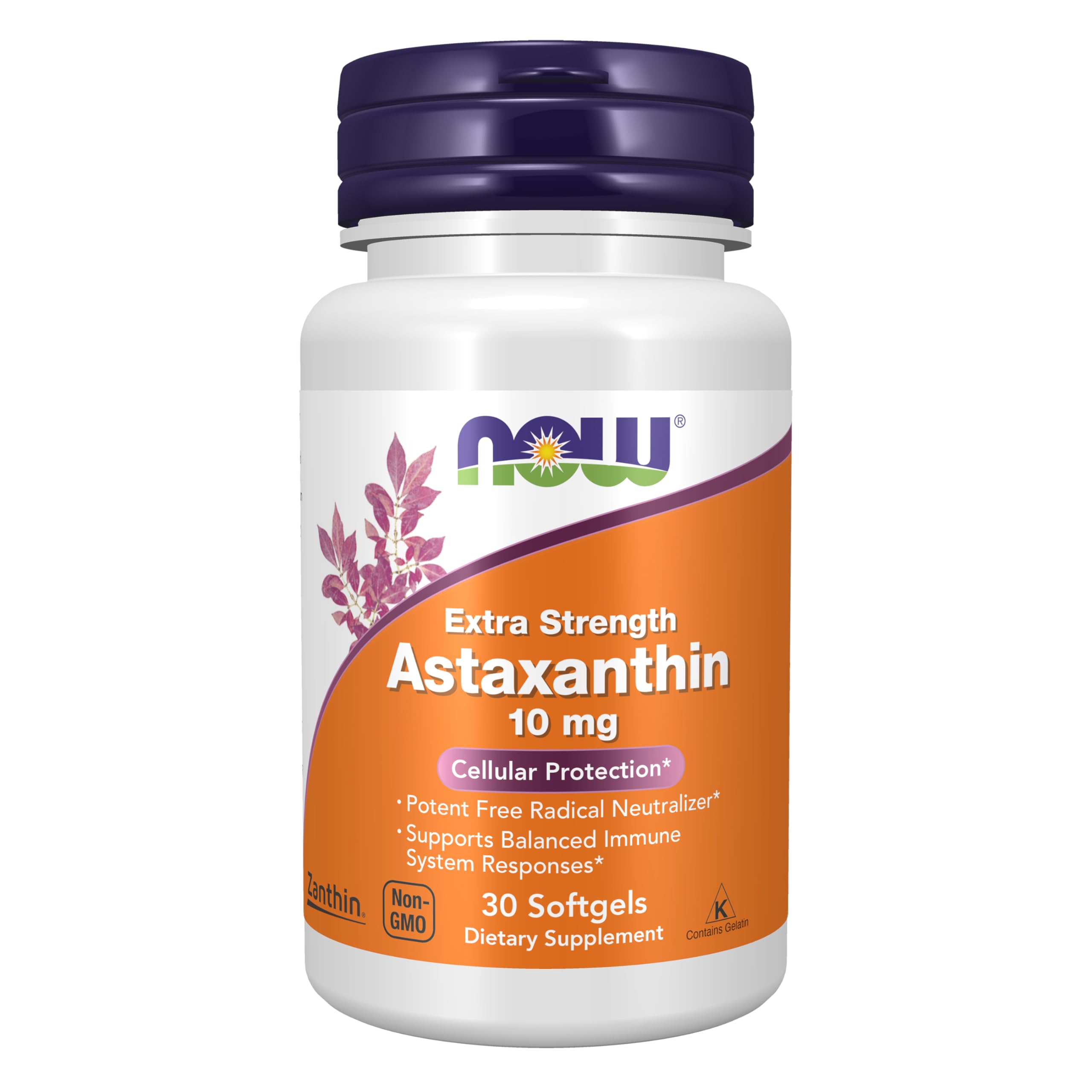 NOW Foods envase frontal de astaxantina mostrando fuerza extra y 30 cápsulas