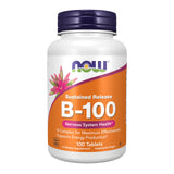 NOW Foods envase frontal mostrando B-100 y beneficios de energía
