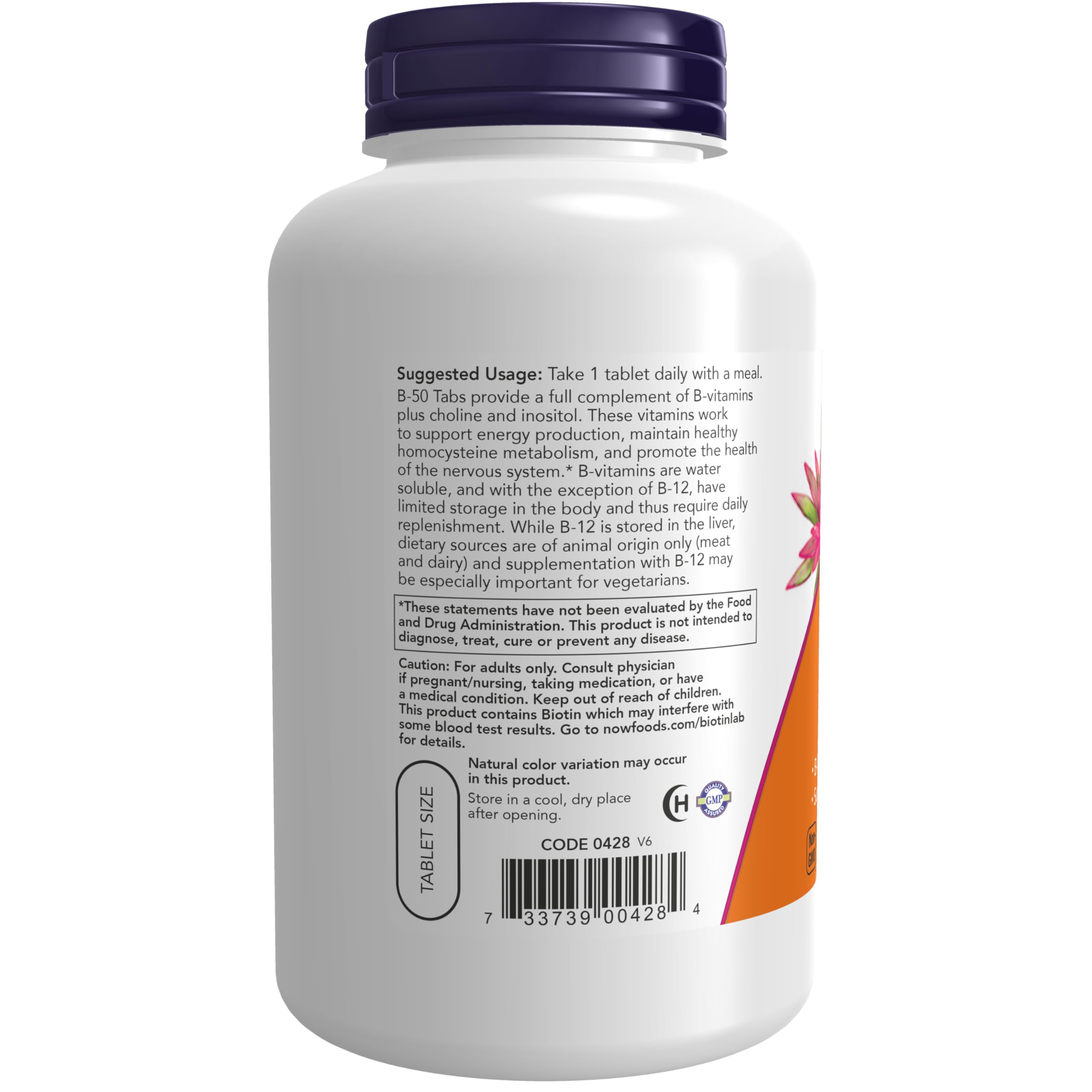 NOW Foods botella abierta con tabletas visibles para fácil manejo diario