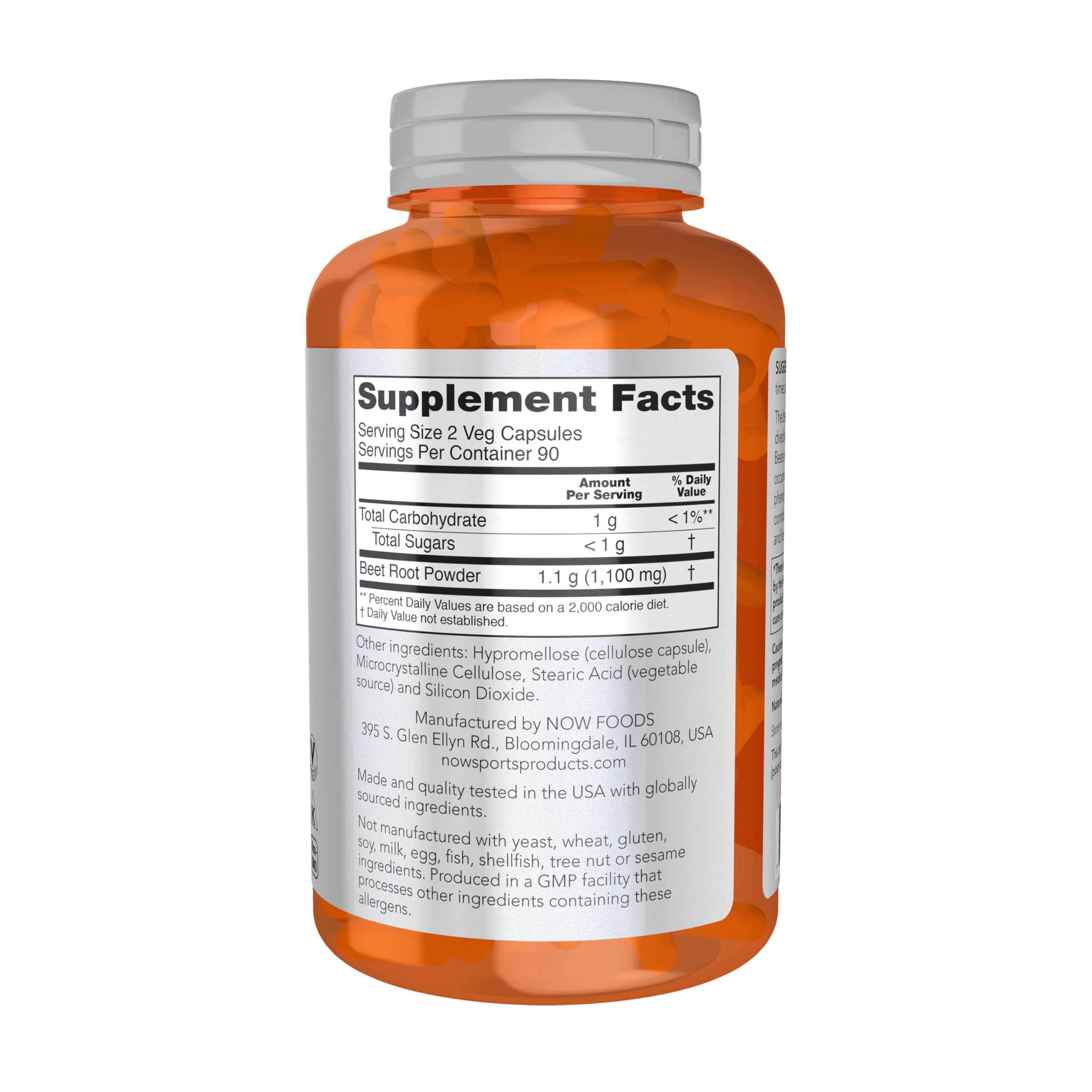 Detalle de cápsulas vegetales NOW Foods Beet Root 550 mg destacando textura y pureza