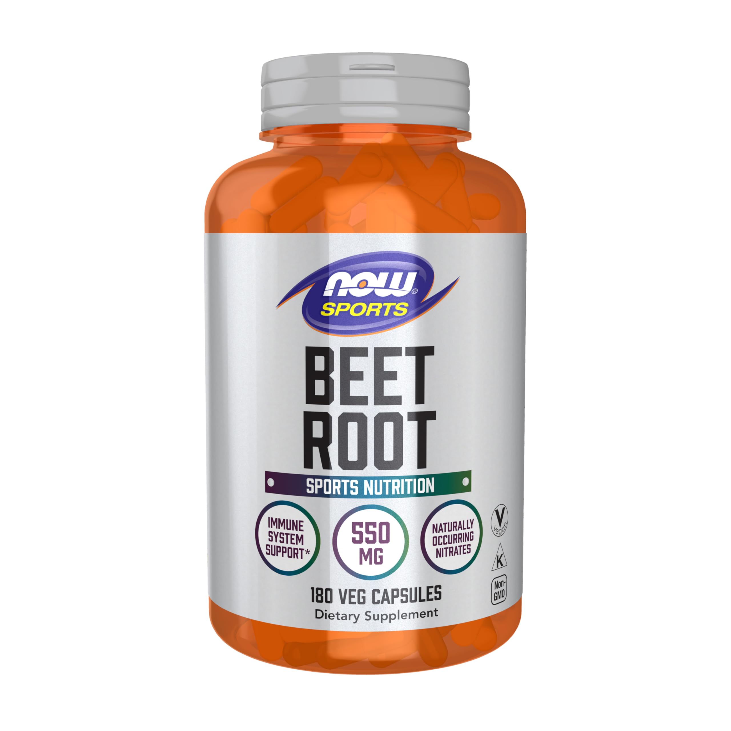 NOW Foods frasco frontal de Beet Root 550 mg mostrando 180 cápsulas y beneficio deportivo