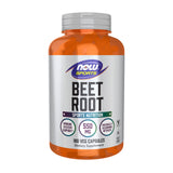 NOW Foods frasco frontal de Beet Root 550 mg mostrando 180 cápsulas y beneficio deportivo
