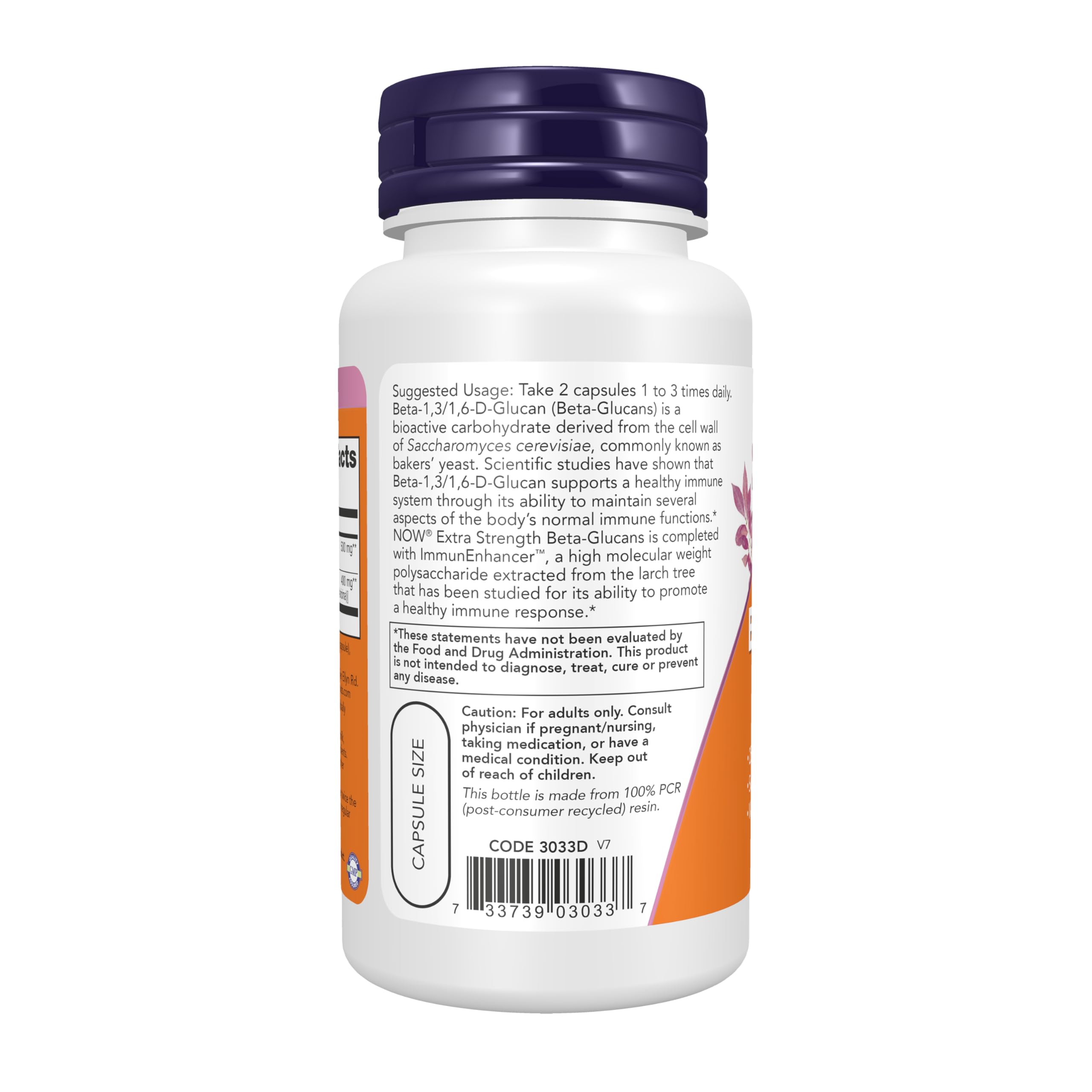 Botella abierta NOW Foods con cápsulas dispuestas para dosificación diaria