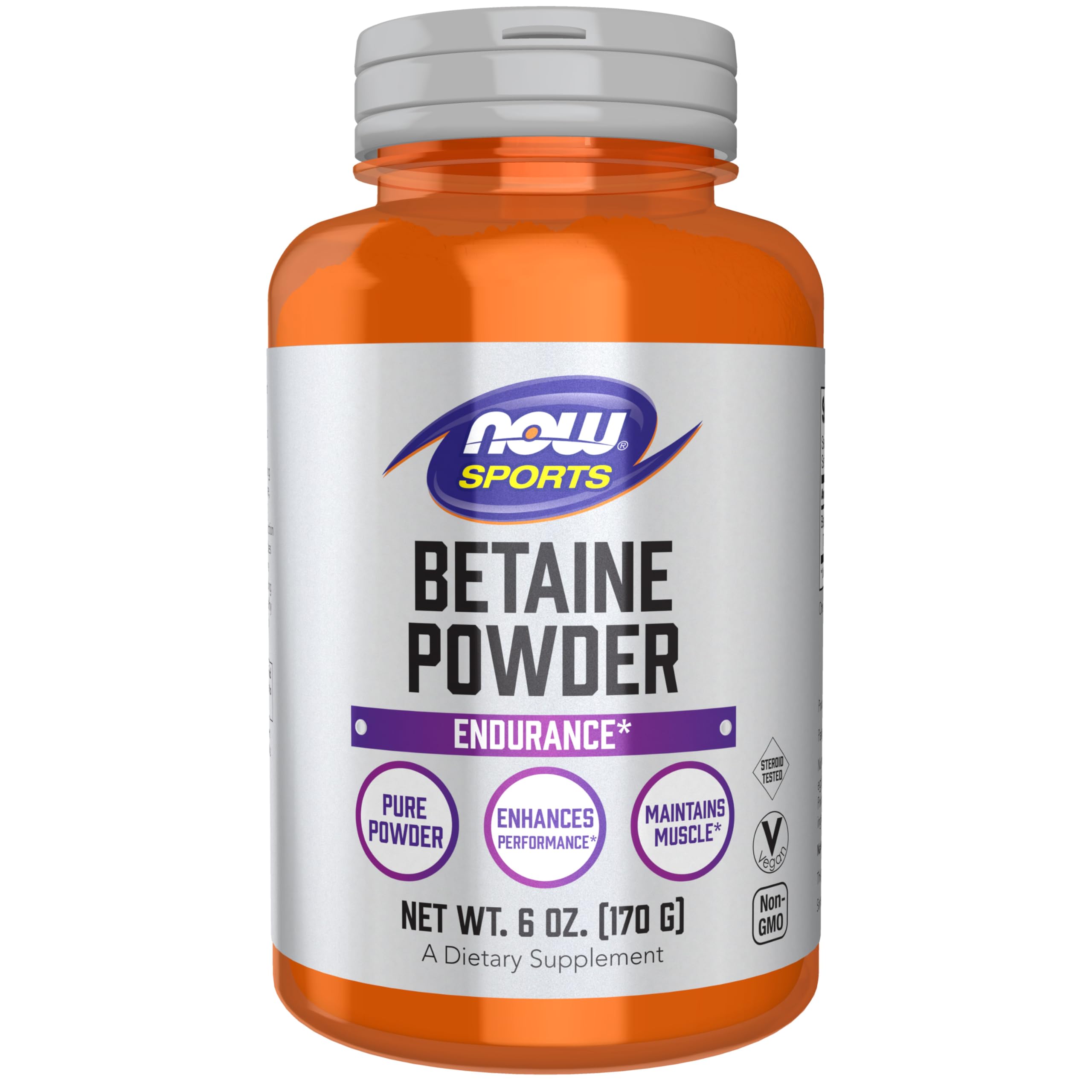 NOW Foods envase frontal de betaine polvo mostrando etiqueta y beneficios claros