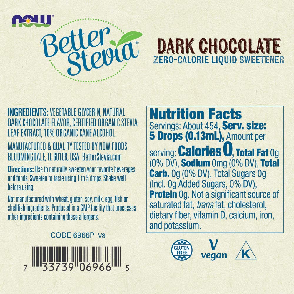 NOW Foods detalle de gotas de BetterStevia mostrando textura y dosificación precisa