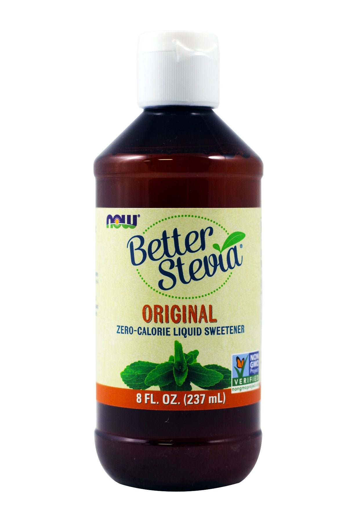 NOW Foods mejorstevia frontal del envase mostrando dosificador y conveniencia