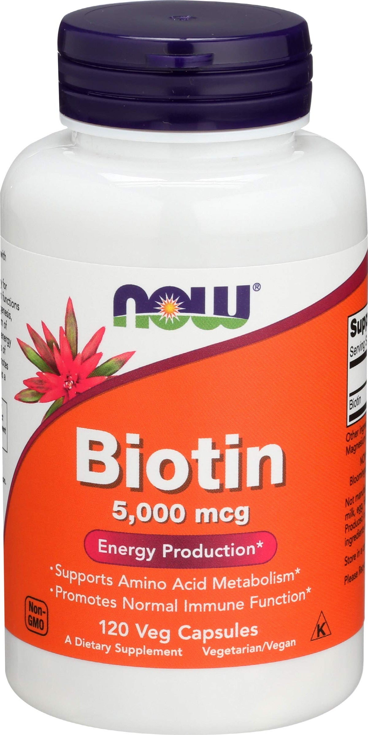 NOW Foods frasco frontal mostrando la biotina y beneficios identificables
