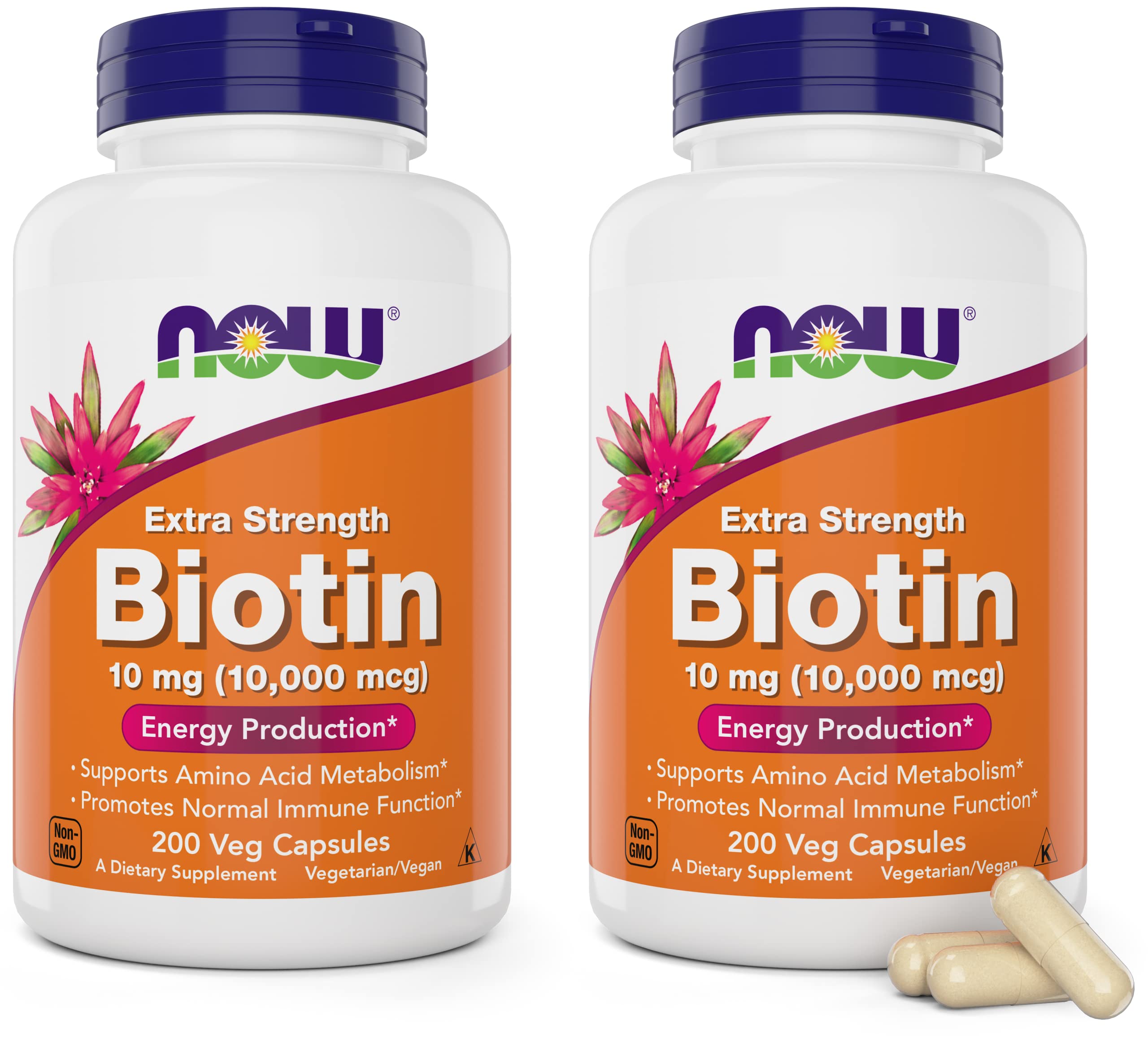 NOW Foods frasco frontal de biotina 10.000 mcg mostrando etiqueta clara y tamaño