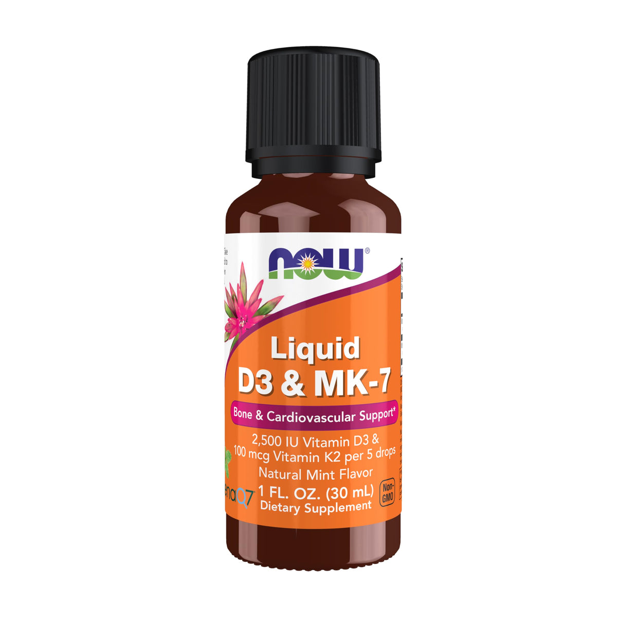 NOW Foods botella frontal Liquid D3 & MK-7 mostrando volumen y marca