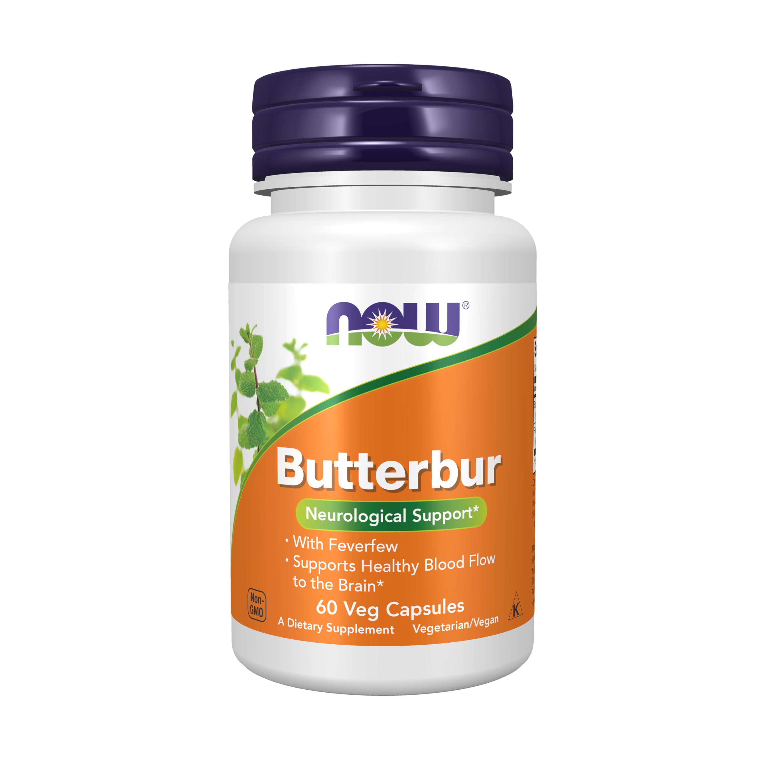 NOW Foods botella frontal del suplemento Butterbur con información visible y confianza