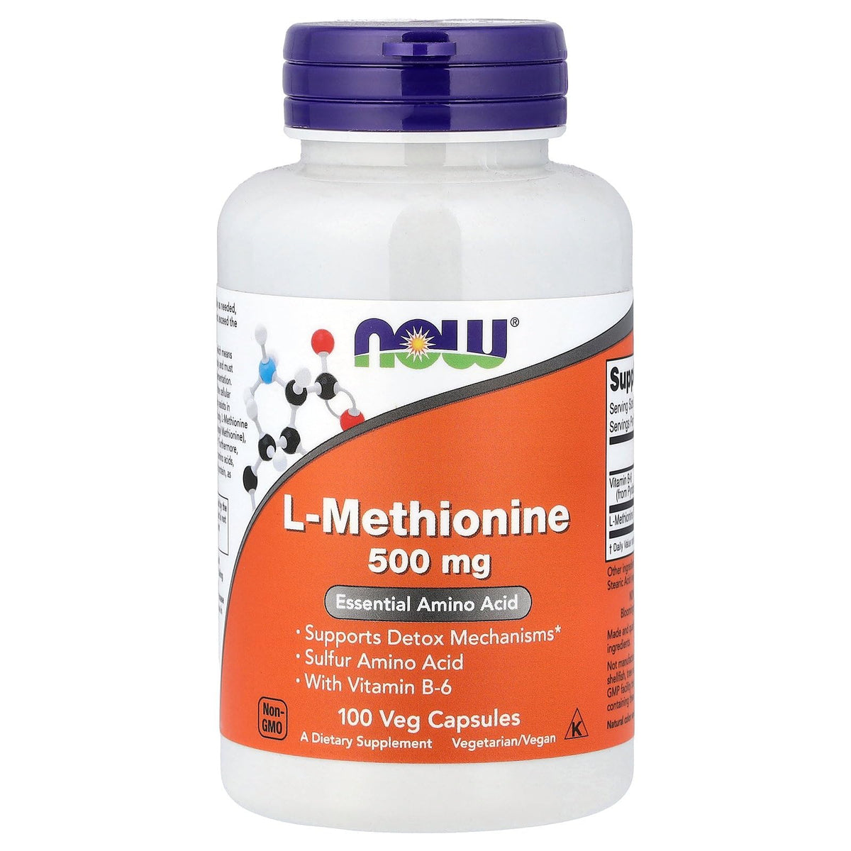 Now Foods botella frontal del suplemento L‑Methionine 500 mg, presentación clara