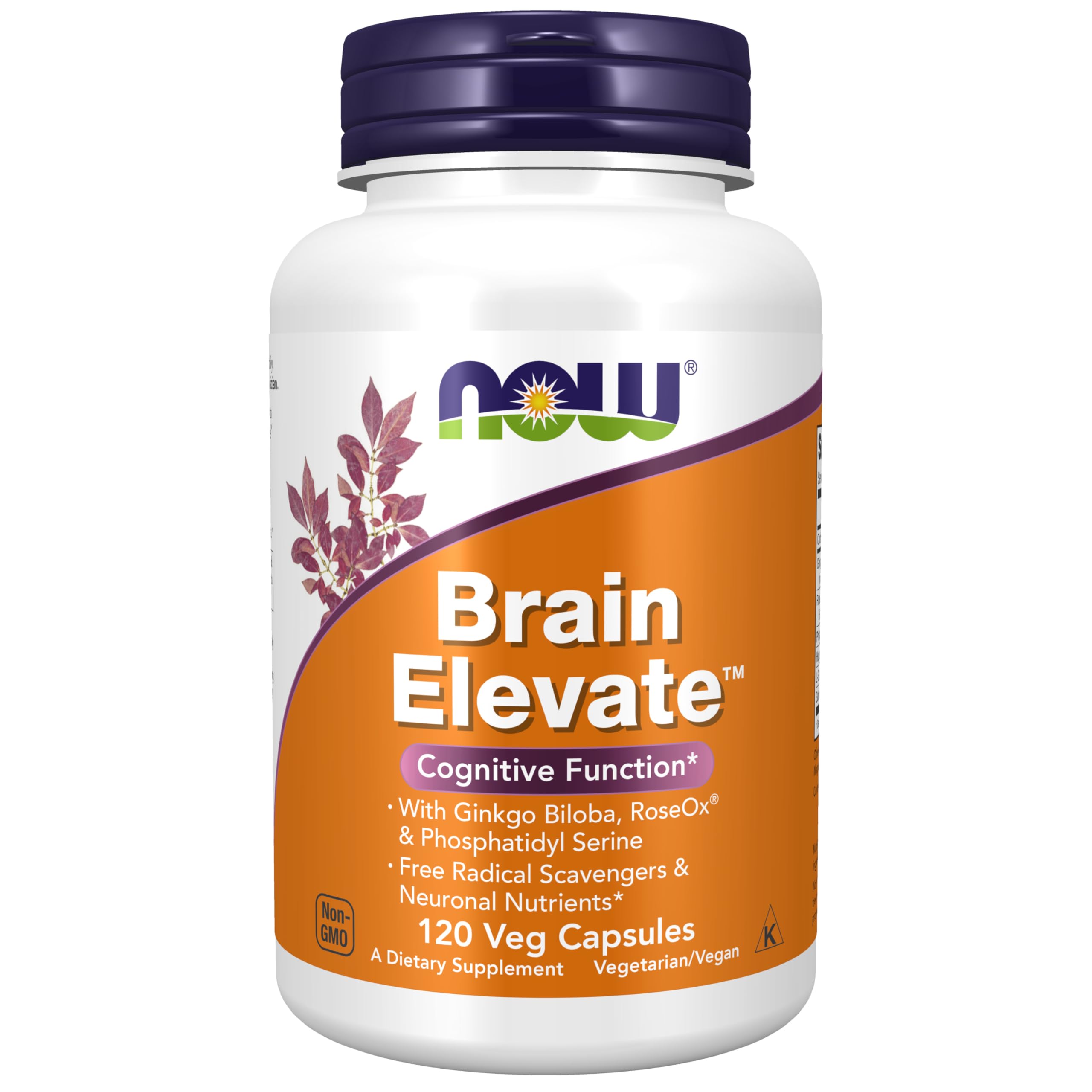 NOW Foods frasco delantero mostrando Brain Elevate y beneficios de fórmula