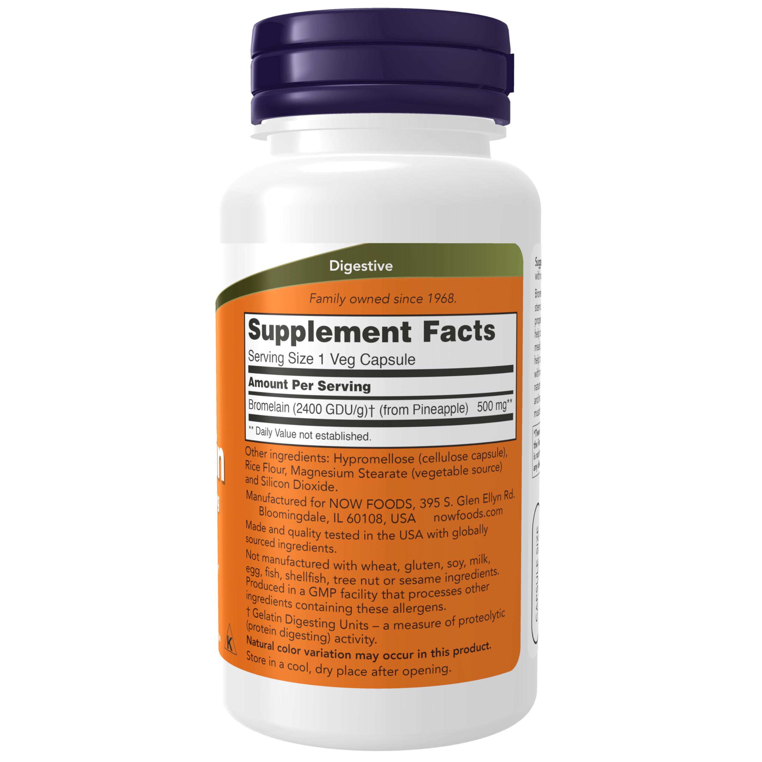 NOW Foods primer plano de cápsula vegetal abierta, muestra formato 500 mg y pureza
