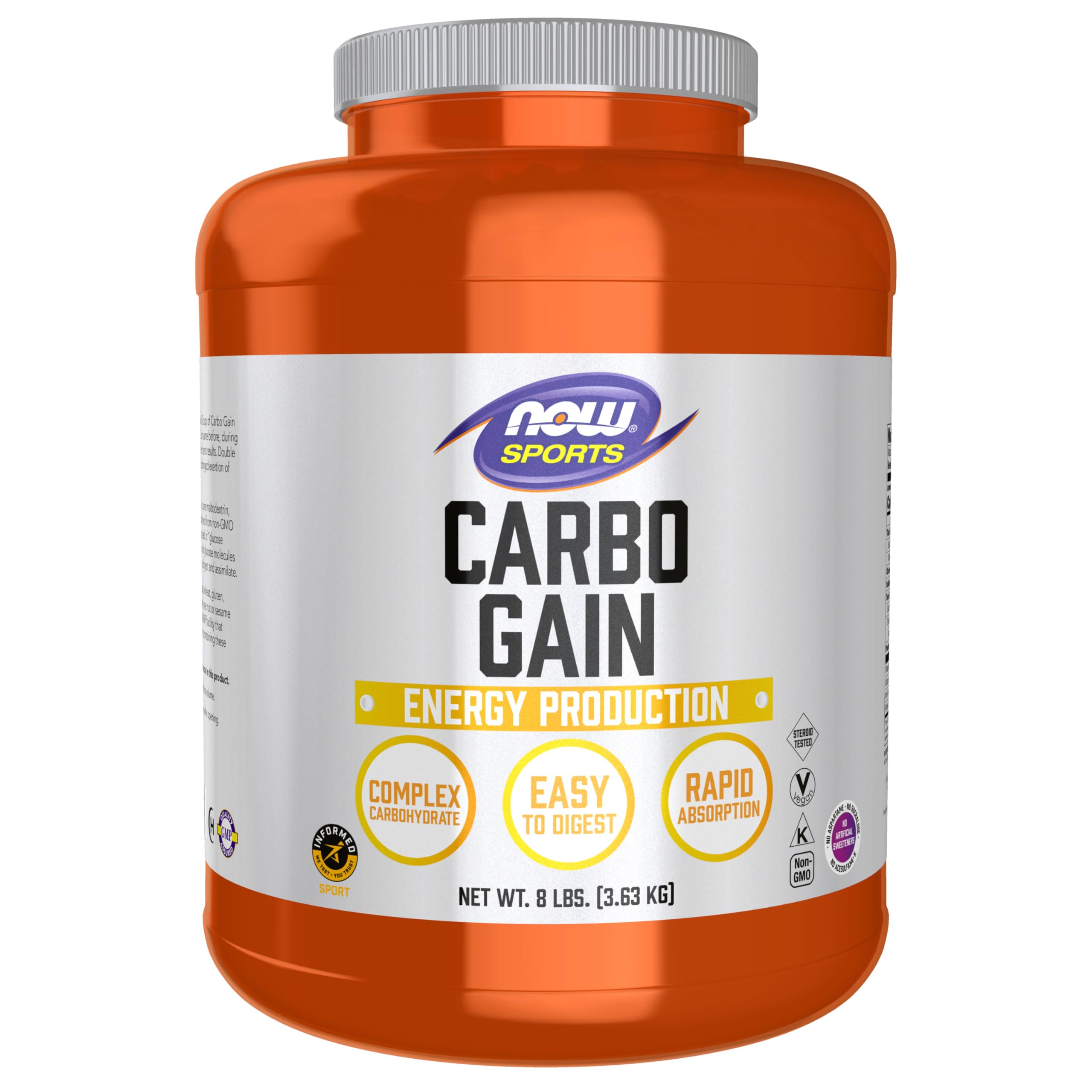 NOW Foods envase frontal de Carbo Gain mostrando presentación de 8 libras