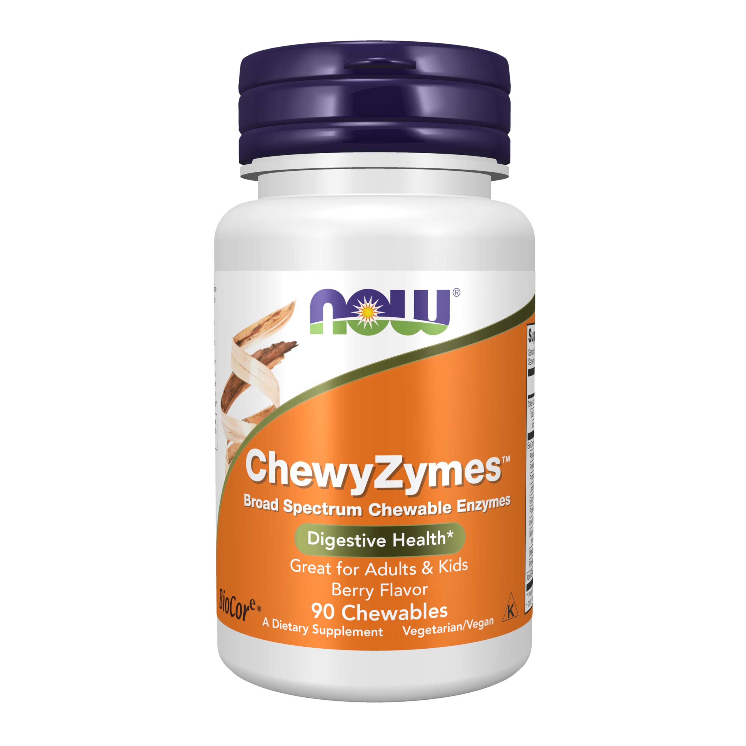 NOW Foods ChewyZymes frente del empaque muestra sabor berry y beneficios digestivos