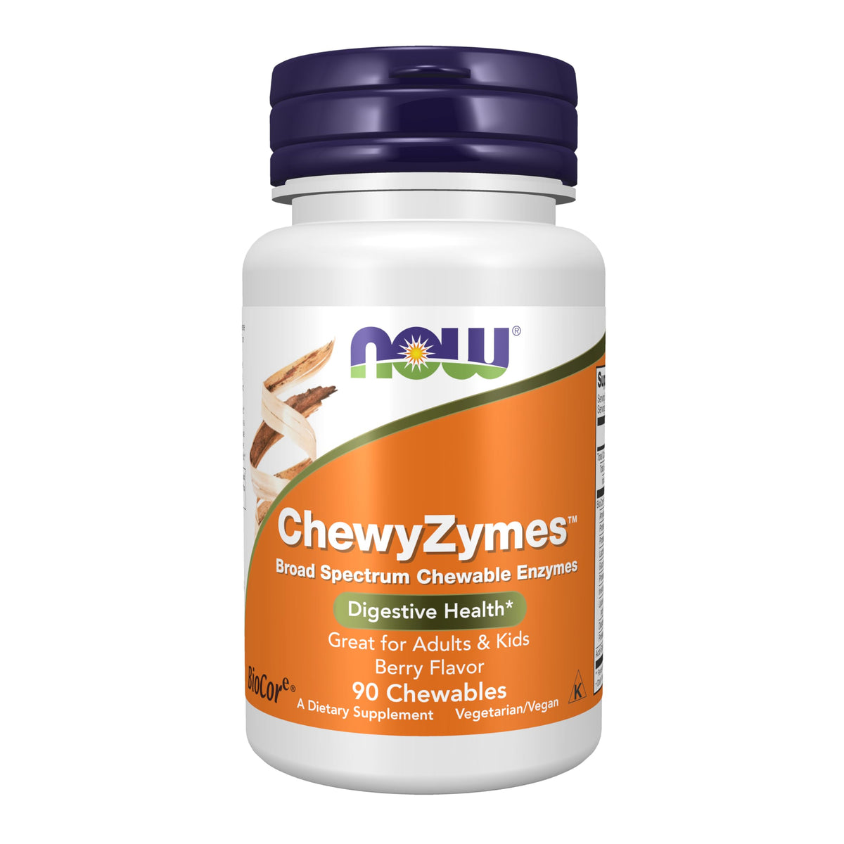 NOW Foods ChewyZymes frente del empaque muestra sabor berry y beneficios digestivos