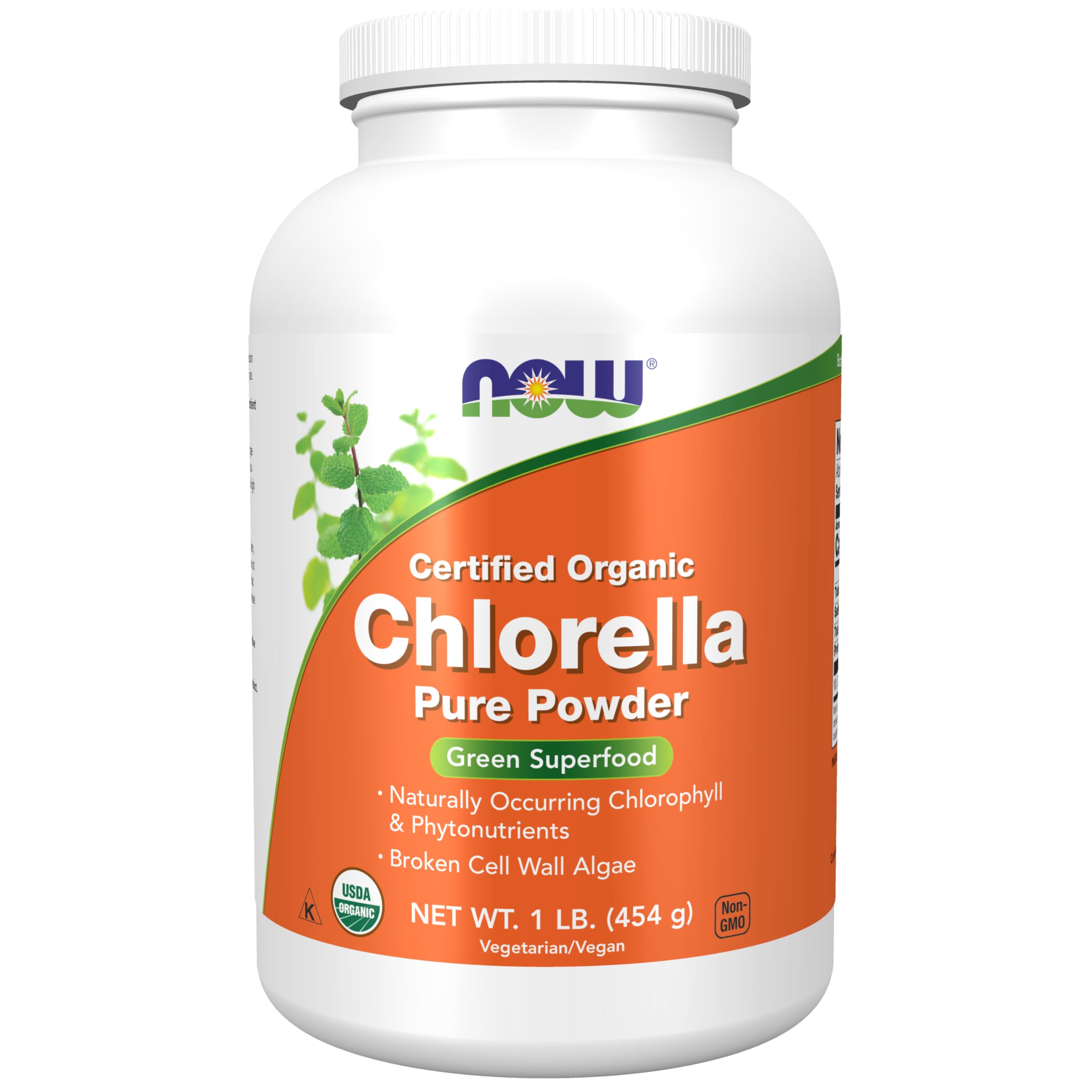 NOW Foods envase frontal de chlorella mostrando presentación y marca beneficiosa