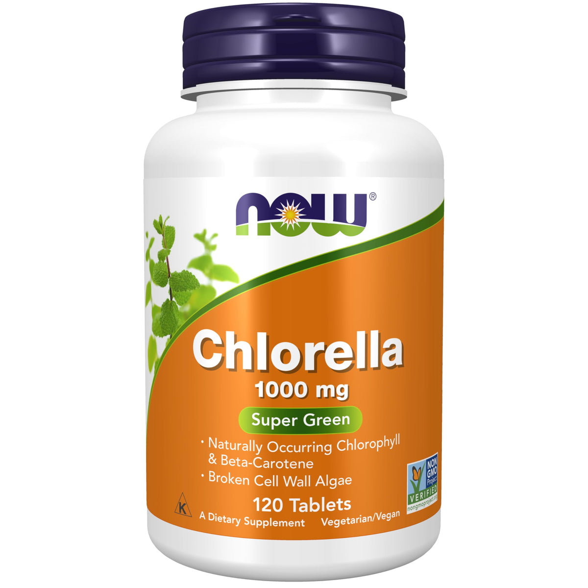 NOW Foods envase frontal de chlorella mostrando cantidad y beneficios