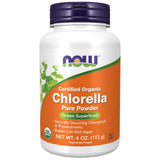 NOW Foods frente del envase mostrando chlorella orgánica y tamaño práctico