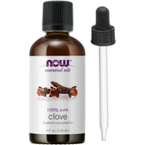 NOW Foods frasco frontal mostrando aceite de clavo y gotero beneficios aromáticos