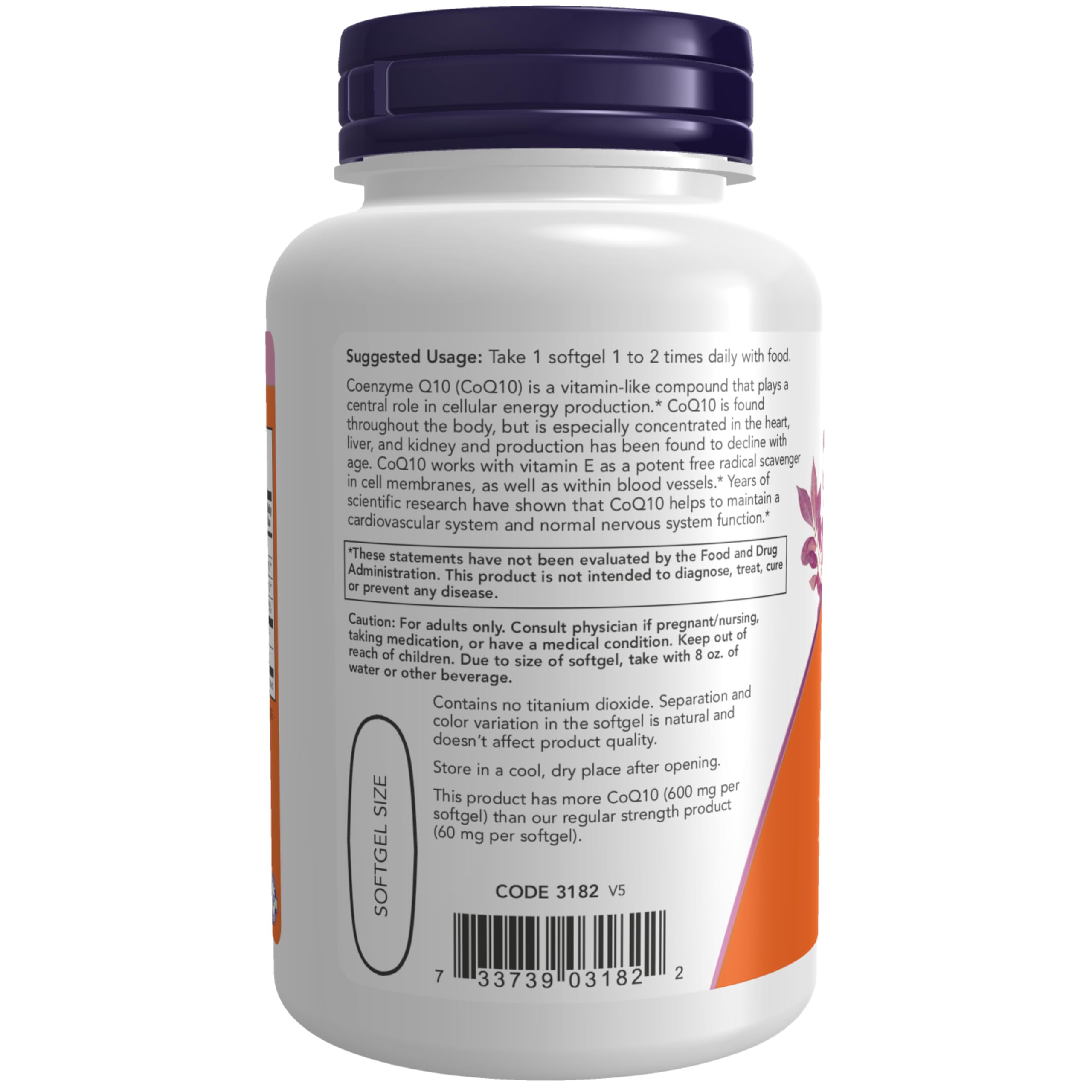 Softgel NOW Foods CoQ10 en mano para comparar tamaño y facilitar dosificación