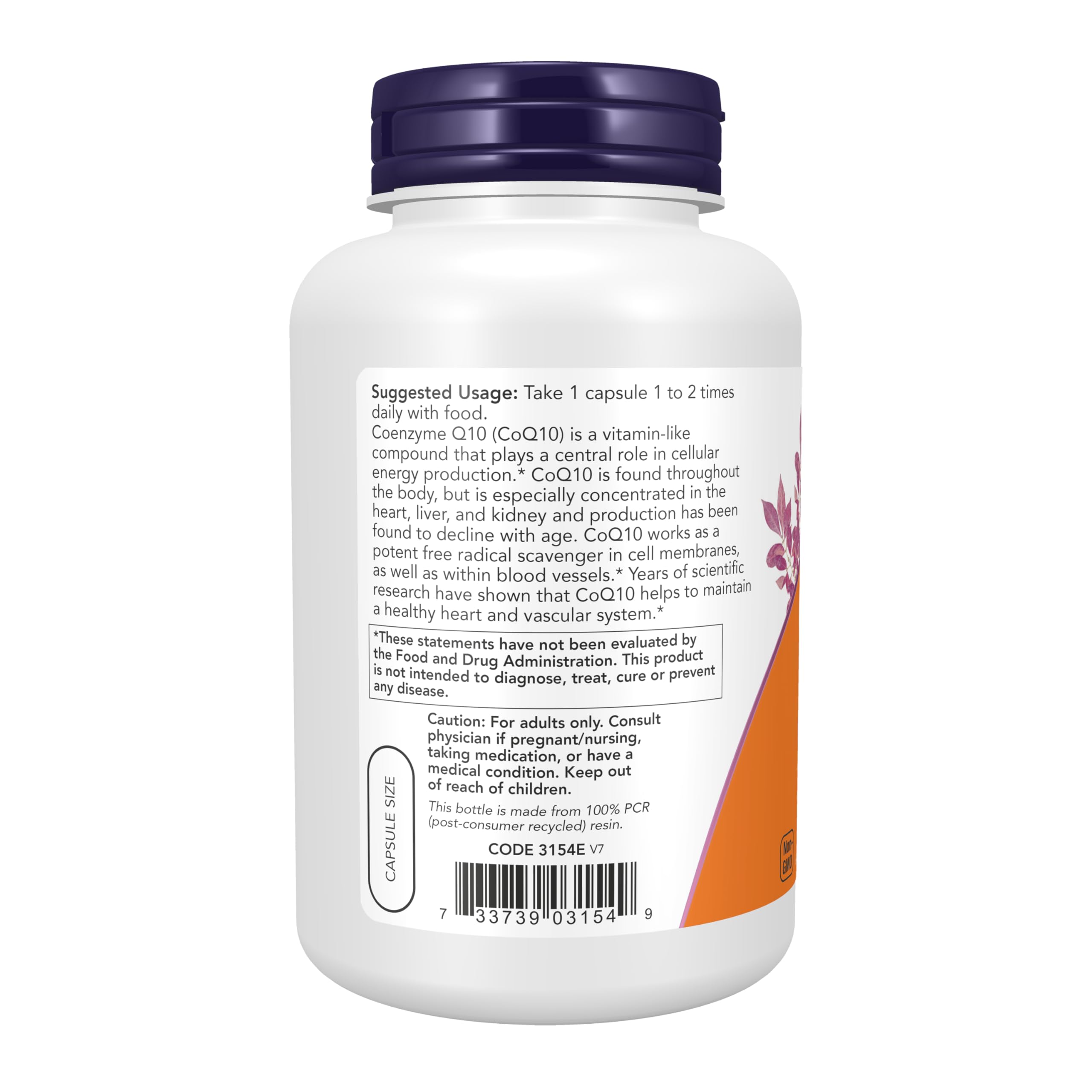 NOW Foods etiqueta en primer plano con información de CoQ10, claridad