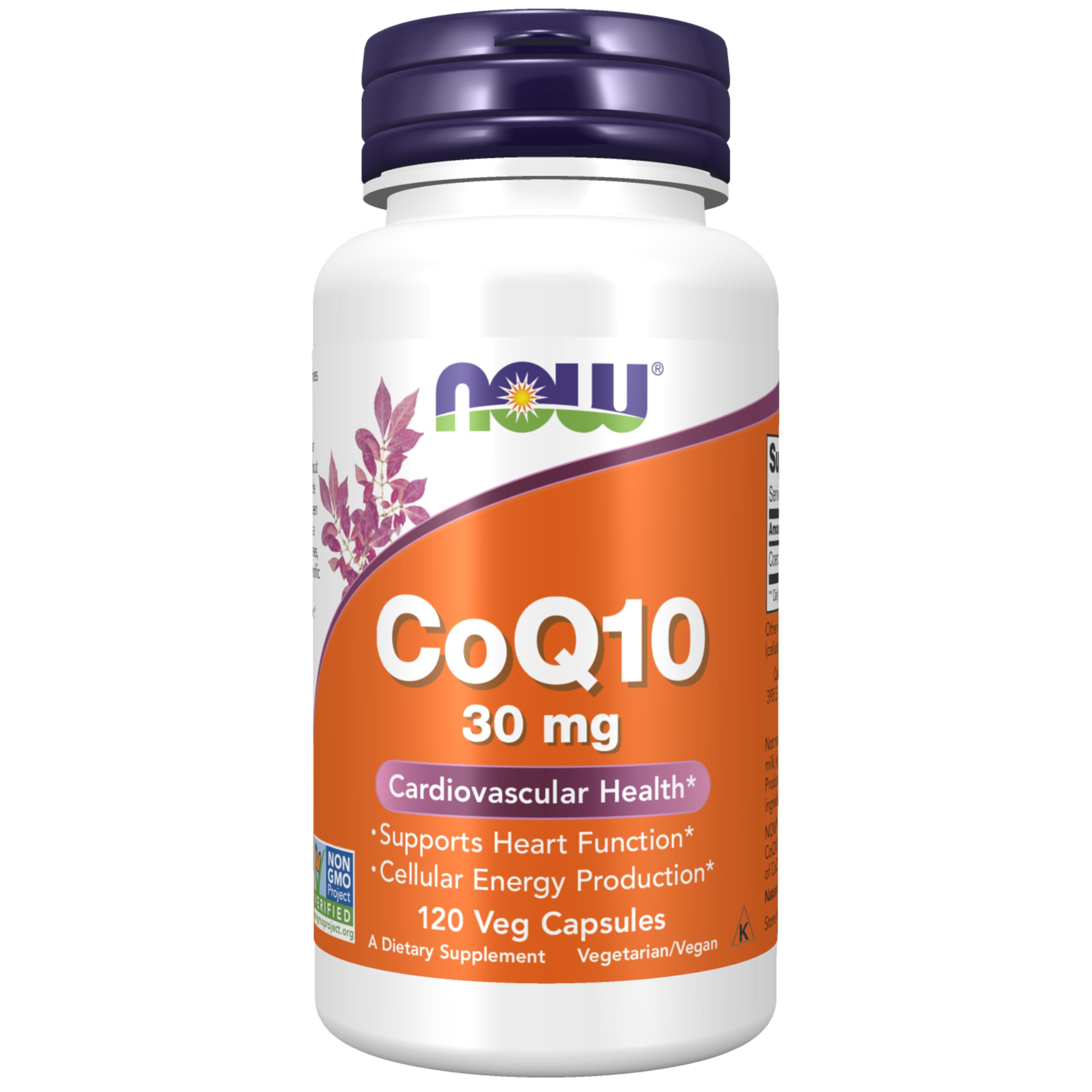 NOW Foods frasco delantero mostrando 120 cápsulas veganas y beneficios
