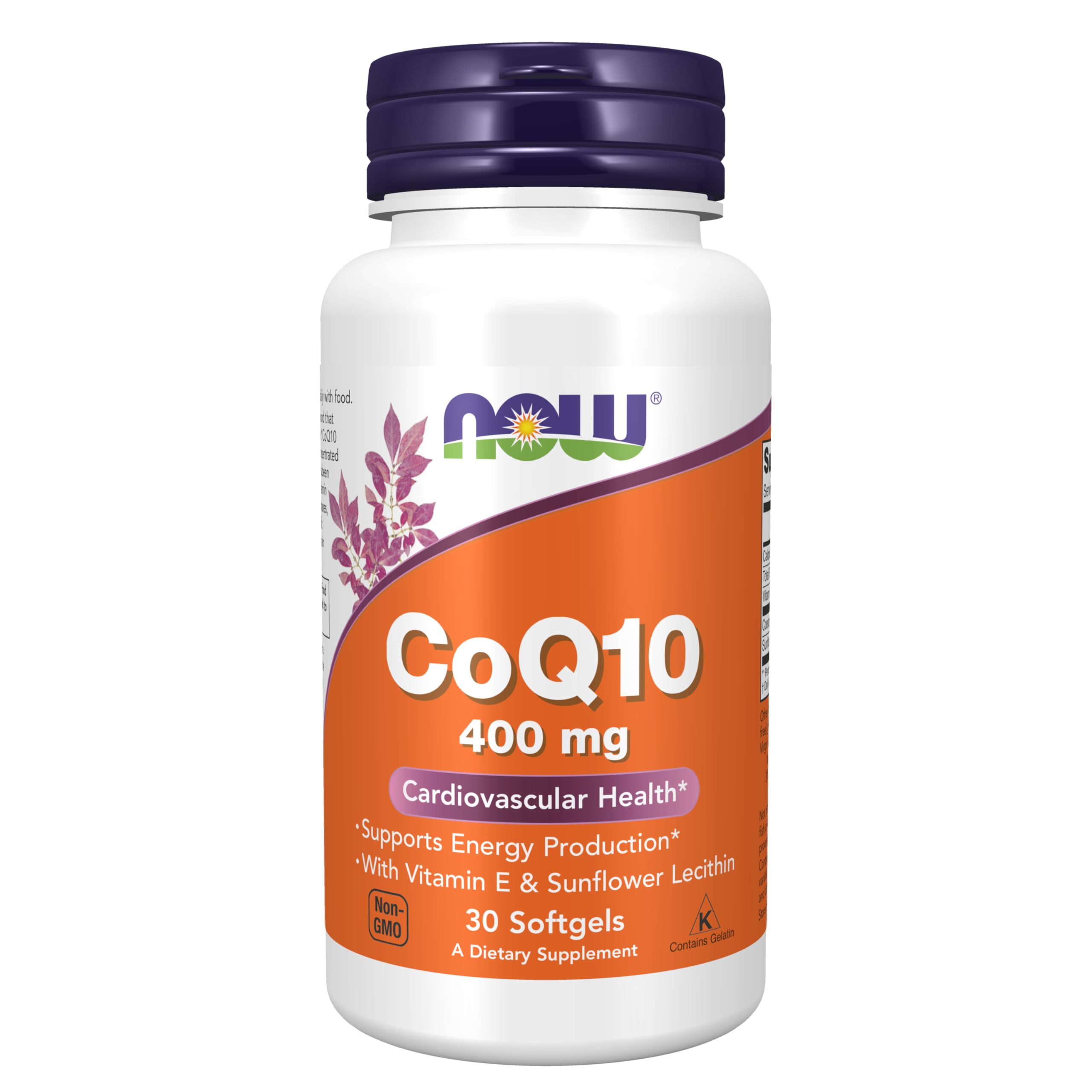 NOW Foods envase frontal mostrando CoQ10 400 mg y beneficios visibles