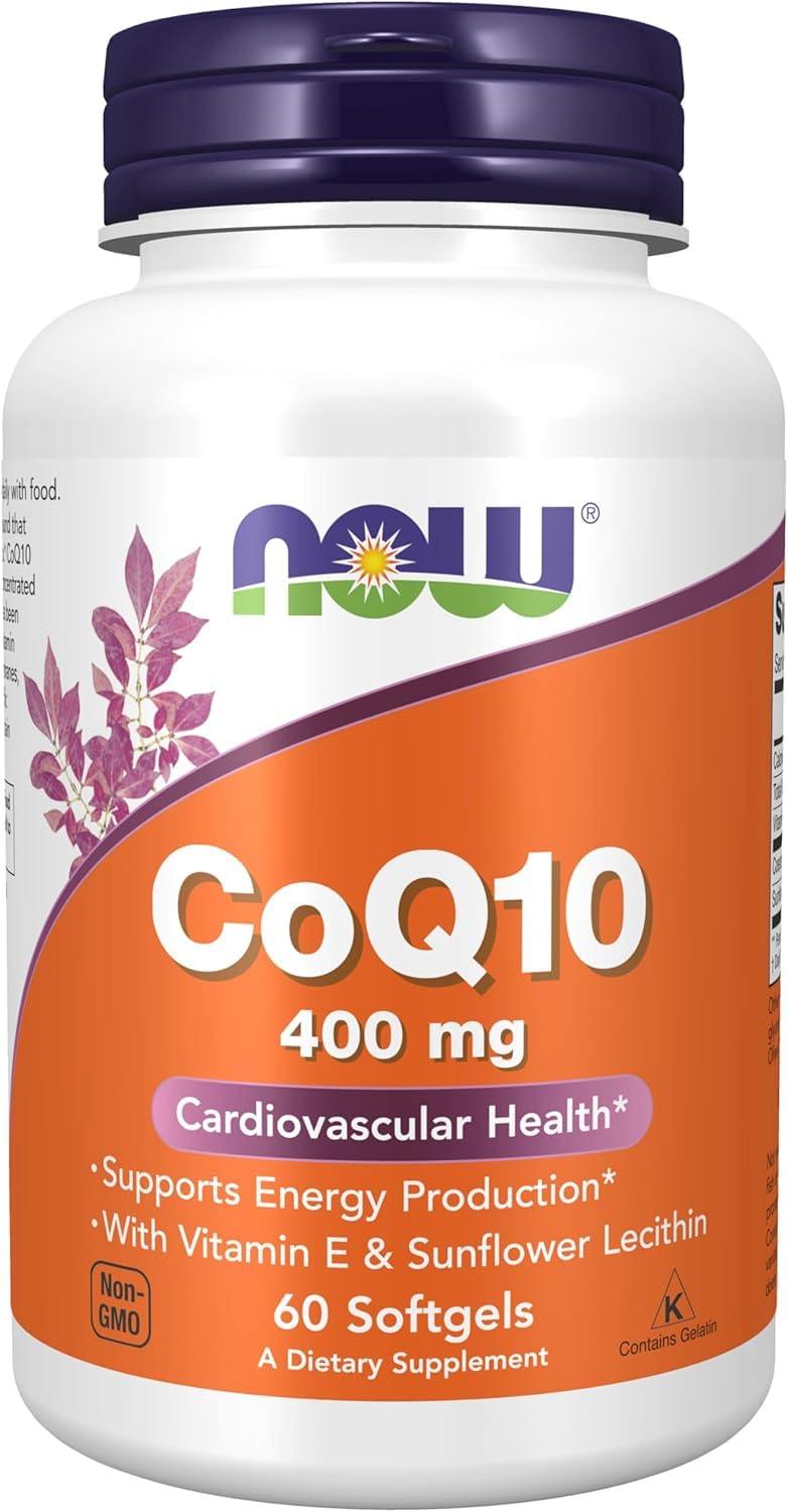 Now Foods envase frontal CoQ10 400 mg mostrando etiqueta y cantidad, beneficiando elección informada
