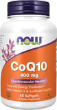Now Foods envase frontal CoQ10 400 mg mostrando etiqueta y cantidad, beneficiando elección informada