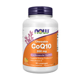 NOW Foods frasco frontal mostrando CoQ10 200 mg y 90 pastillas, práctico beneficio