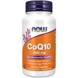 NOW Foods envase frontal de CoQ10 mostrando etiquetas claras y beneficios