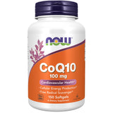 NOW Foods botella frontal mostrando CoQ10 100 mg y 150 softgels, calidad farmacéutica
