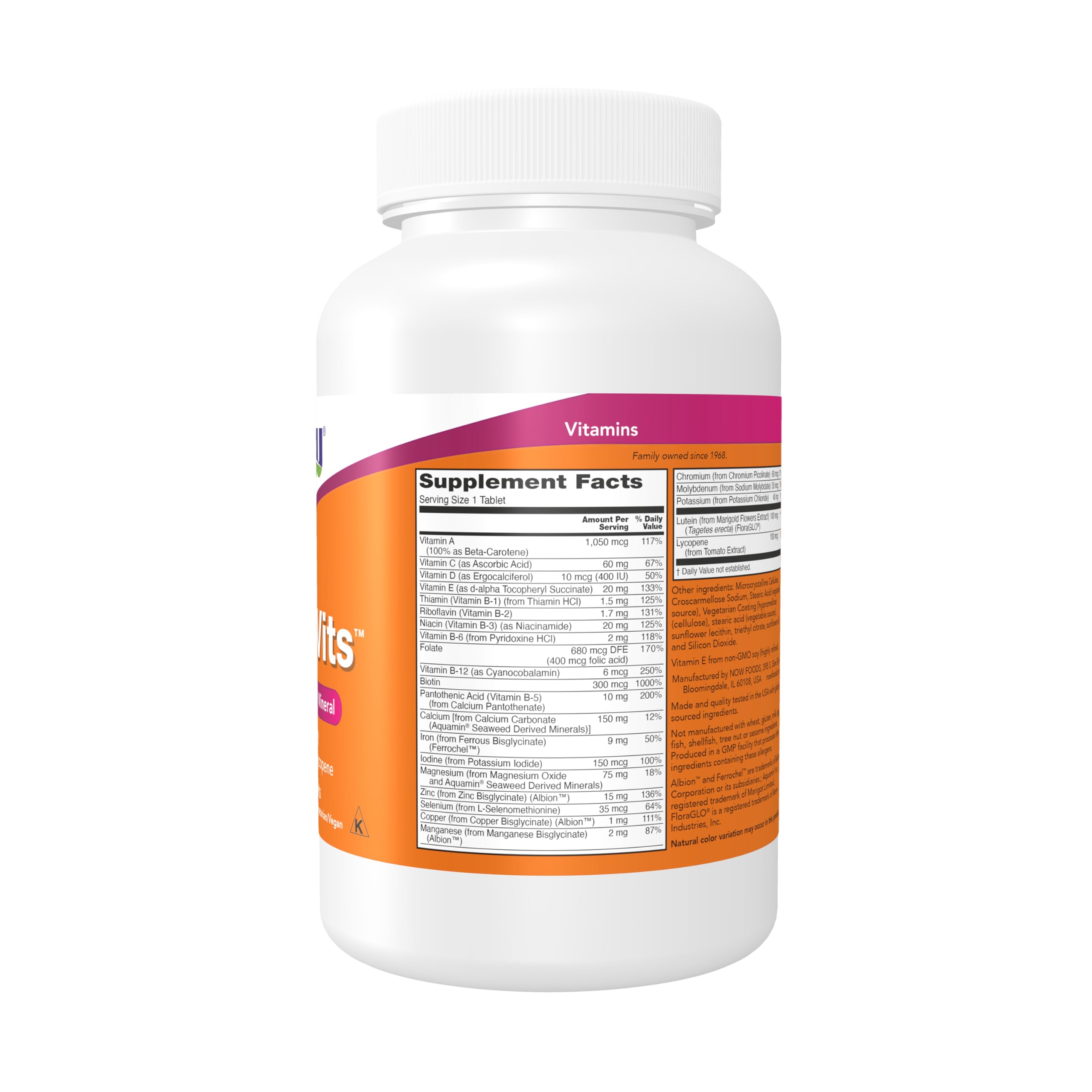 NOW Foods primer plano de tabletas Daily Vits, textura visible y fácil ingestión