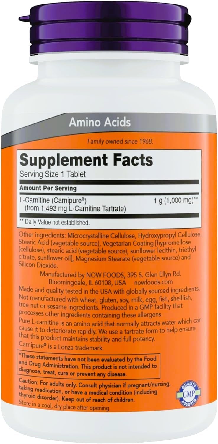 NOW Foods tableta de L-Carnitina resaltando forma y dosificación práctica